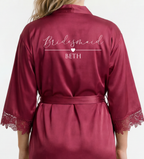 Maroon satin robe with 'Bridesmaid Beth' text on a white background