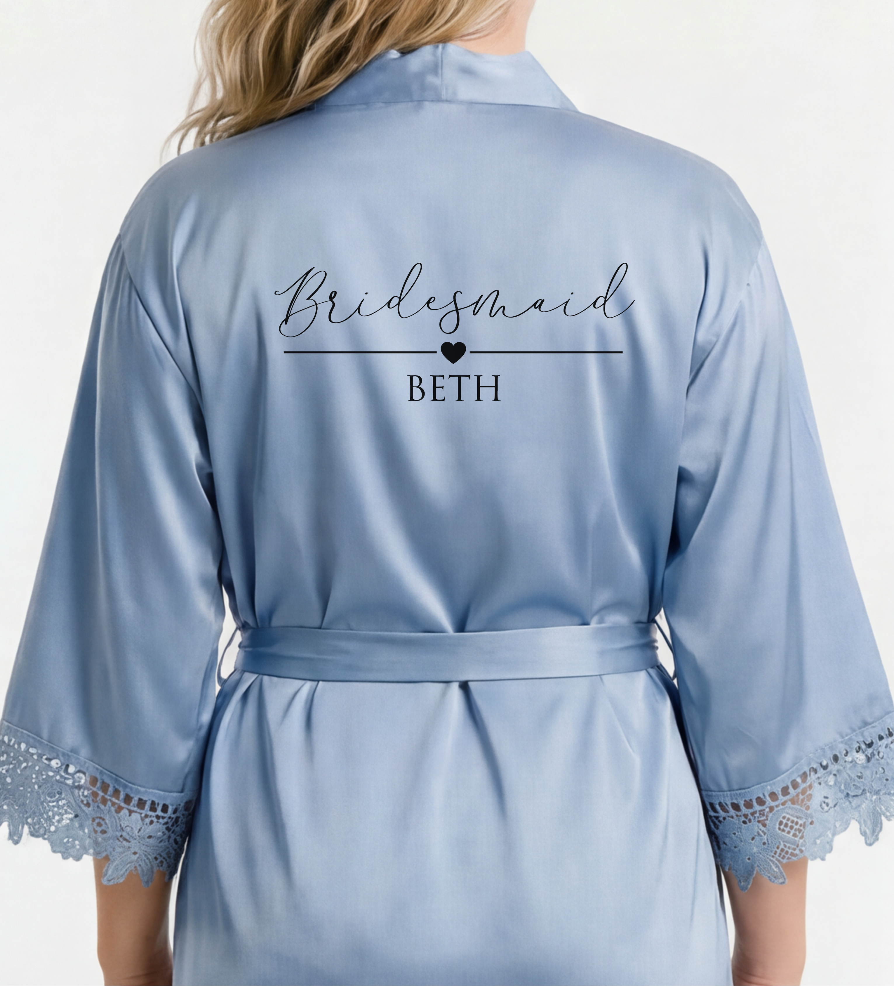 Light blue satin robe with 'Bridesmaid BETH' text on a white background