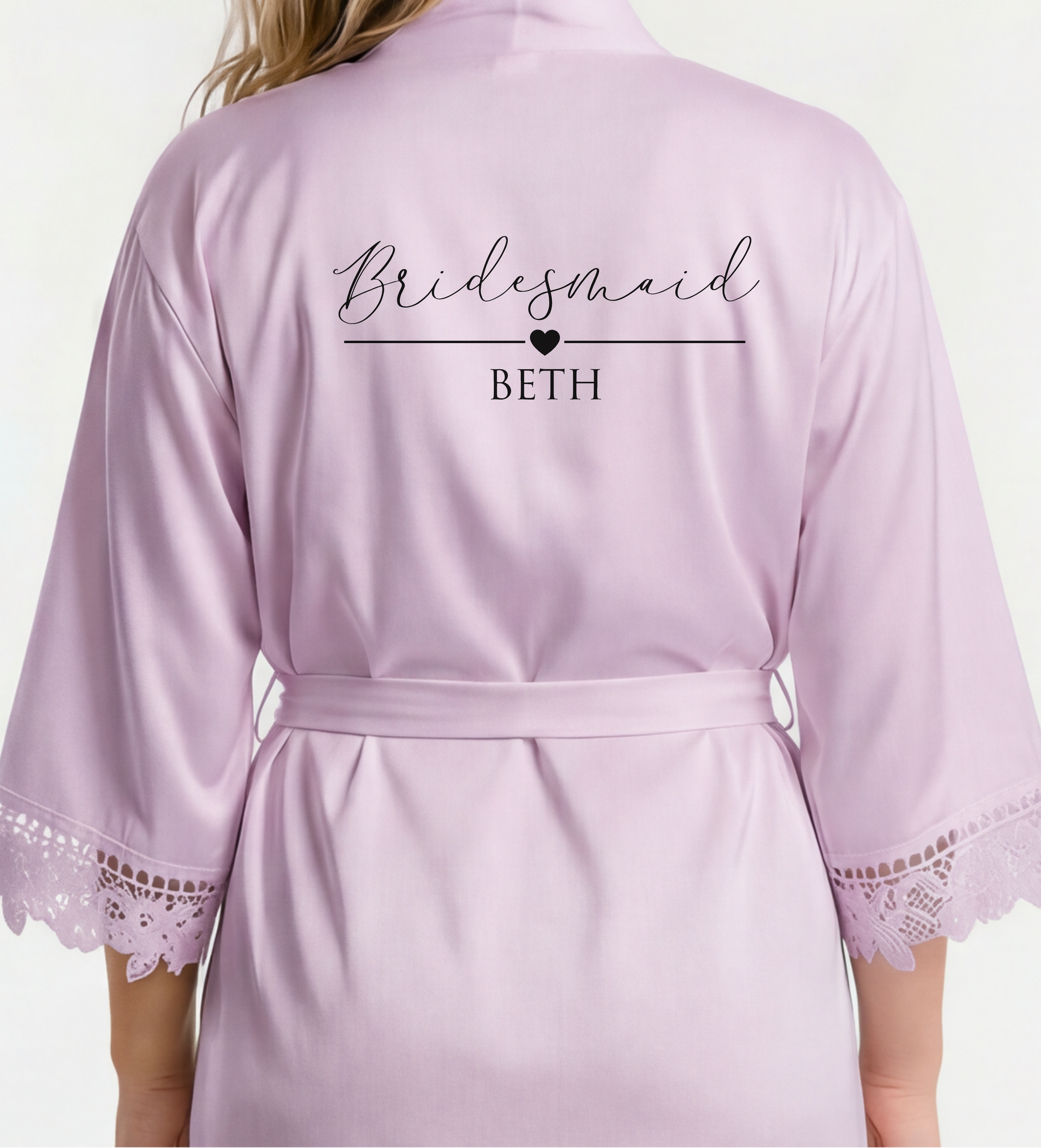 Lavender bridesmaid robe with 'Bridesmaid Beth' text on a white background