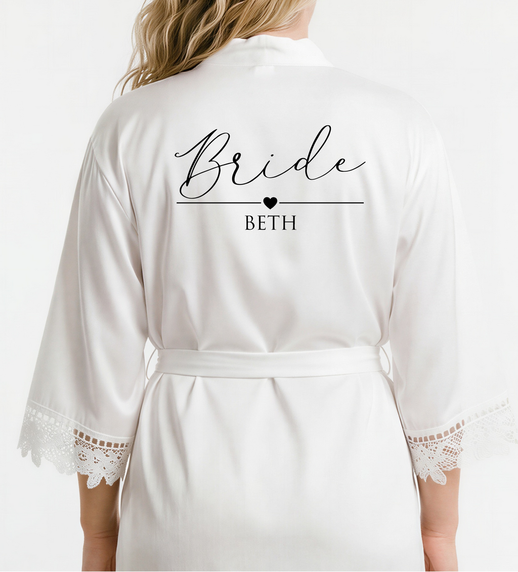 White robe with 'Bride BETH' text on a white background